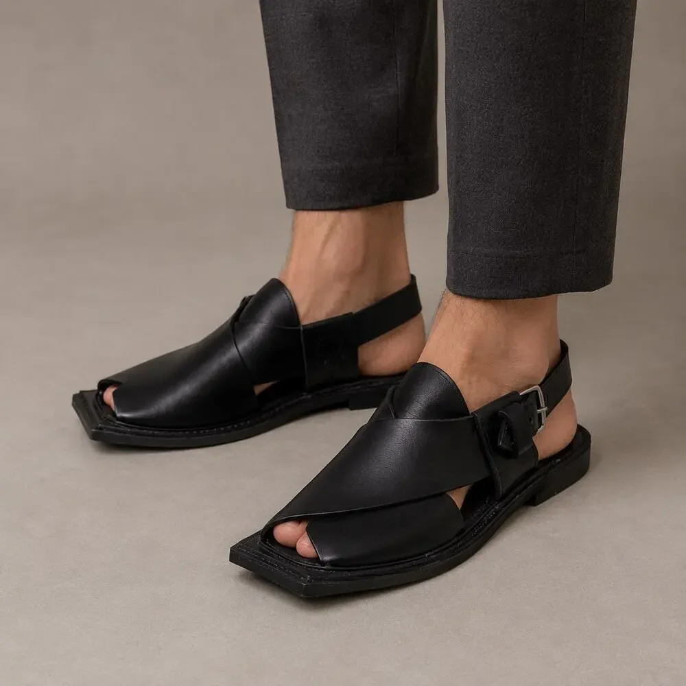 GUL Handcrafted Black Leather Peshawari Chappal Sandals Men’s Size 9 Buckle